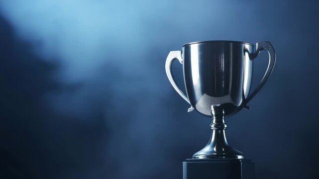 Shining silver trophy cup on pedestal with dark blue background