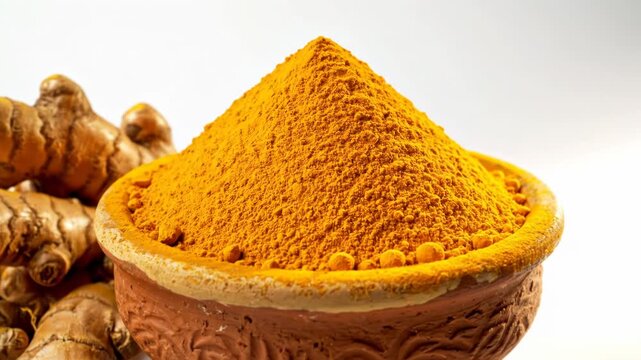 Turmeric powder in clay bowl with fresh turmeric roots 4k videos
