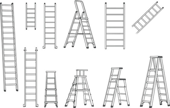 Eleven ladder illustrations including straight, step, and extension ladders in technical drawing style