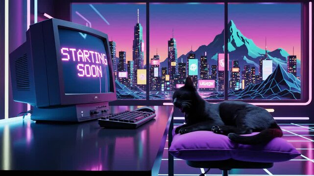 Black cat sleeping on desk in synthwave city room at night