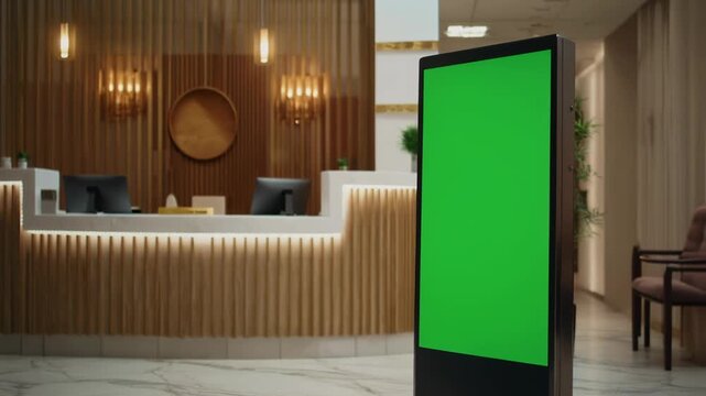 Vertical Digital Kiosk with Green Screen Mockup in Modern Luxury Hotel Lobby Reception Area