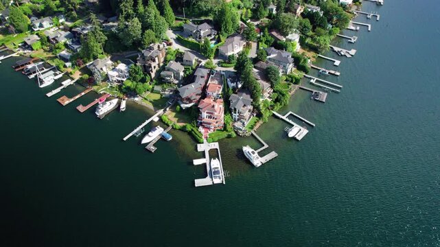 Drone Orbiting Lakeside Luxury Real Estate