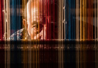 Elderly artisan weaver concentrates intently on crafting textiles on a traditional loom with colorful threads