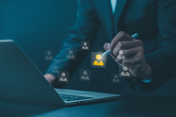 human resource manager, HR, or CRM. concept of company service to recruit customers, network links worldwide, hiring, and recruitment process manage people and business on technology digital