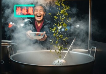 Joyful elderly asian woman cooking delicious food in steaming wok at night market vibrant atmosphere