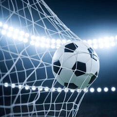 Soccer ball flying into goal net under stadium lights