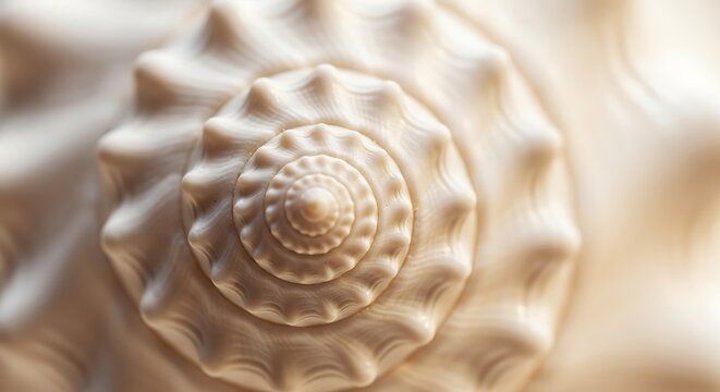 Close-up shot of the detailed spiral pattern on a beige seashell, showcasing its natural symmetry and smooth texture with soft, diffused light.