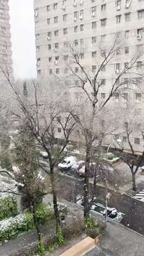 Nevando copos de nieve en fr&iacute;o y helado invierno de ciudad
