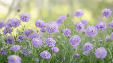 Obraz premium Vibrant Scabiosa Flowers with Pincushion-Like Blooms on a Soft Green Background in Nature