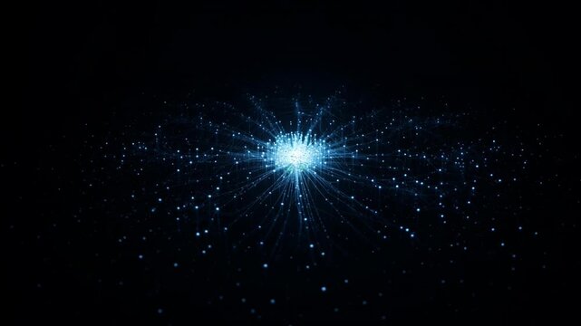 Abstract visualization of a complex neural network or data core exploding with vibrant blue and cyan light connections on a deep dark background, symbolizing artificial intelligence or big data proces