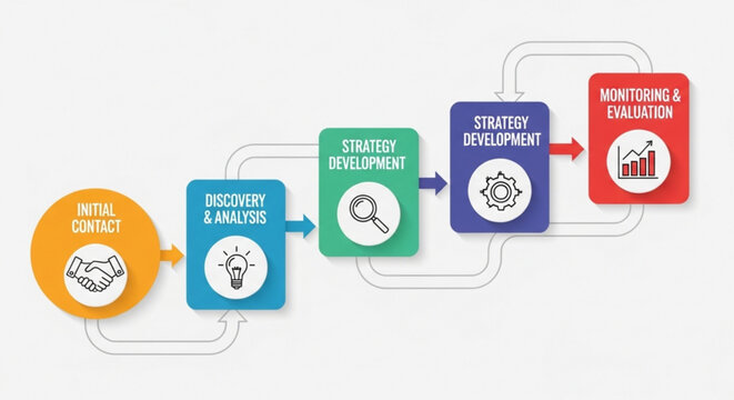 A vector graphic illustrating a business strategy development process with colorful blocks and icons
