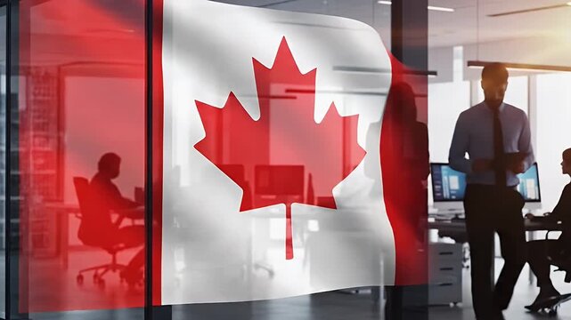 Canadian Business Professionals Collaborating in Modern Office Space with Canadian Flag Overlay Warm Sunlight Creates Ambiance