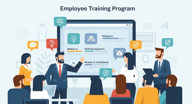 A vector graphic illustration of a corporate employee training program with a presenter and audience