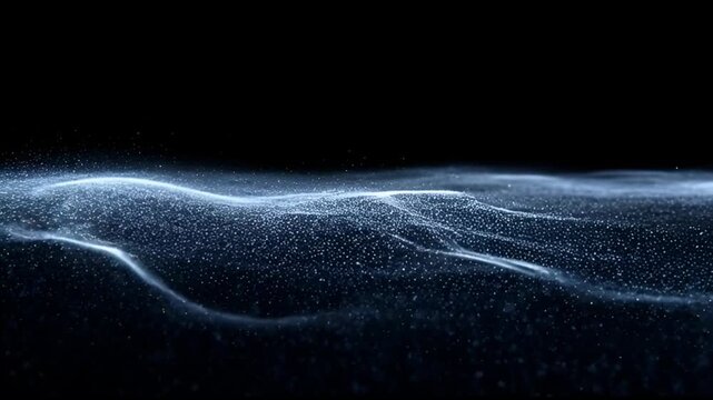 A shimmering blue and white digital particle field flows across a dark abyss, creating an ethereal, undulating waveform representing data visualization and future technology.