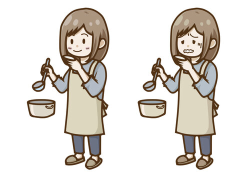料理の味見をして笑顔と困り顔を見せる女性のイラストセット（成功と失敗）