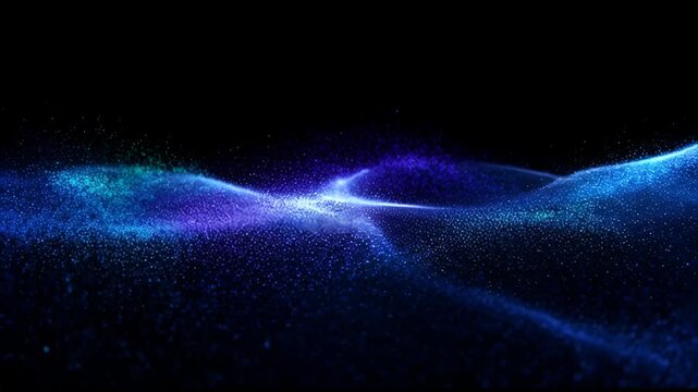 Abstract wave of shimmering blue, cyan, and purple digital particles flowing horizontally across a deep black background, visualizing sound or data dynamics.