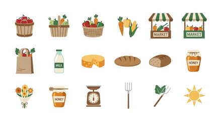 Collection of fresh food and market stall illustrations.