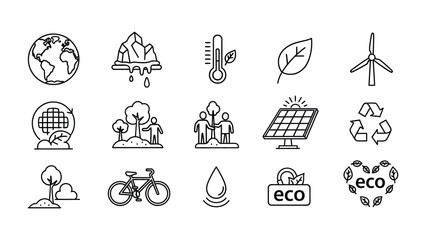 Fototapeta premium Eco Icons for Environmental Conservation: A comprehensive set of eco-friendly icons representing concepts for environmental protection and sustainable living. From solar panels to recycling symbols.