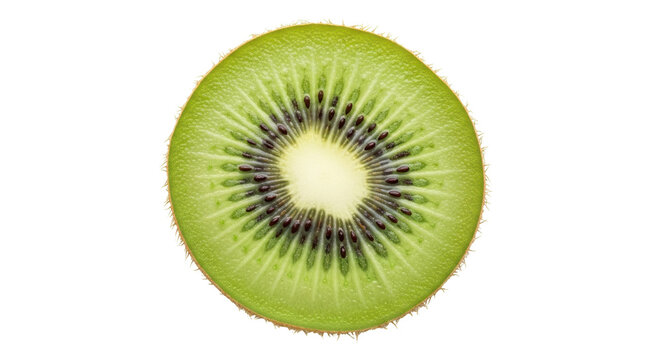 Vibrant green kiwi fruit slice isolated PNG, cross section of fresh kiwifruit on transparent background, healthy eating and tropical fruit