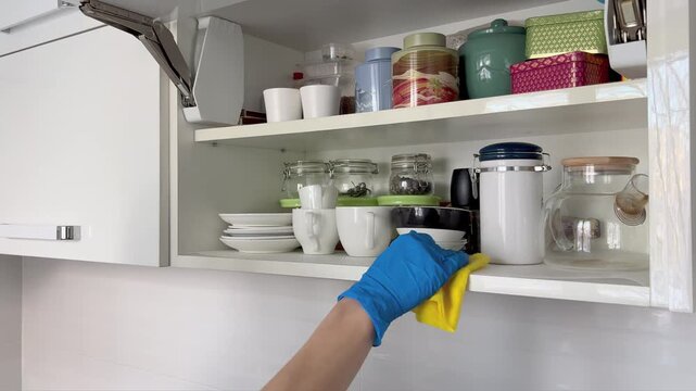 A woman's hands in blue protective gloves wipe down kitchen cabinets with a rag. Housework, cozy kitchen interior