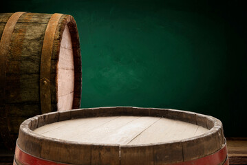 Barrel top on green screen with textured wood surface, centered composition for hero shot, crisp lighting and empty space for copy
