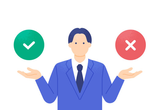 メリットとデメリットを比較するビジネスパーソン。OKとNGを掲げる男性のベクターイラスト素材。