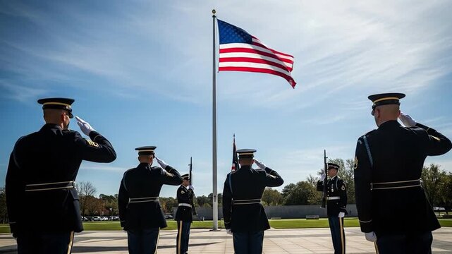 US Soldiers in Formal Formation Saluting the National Flag