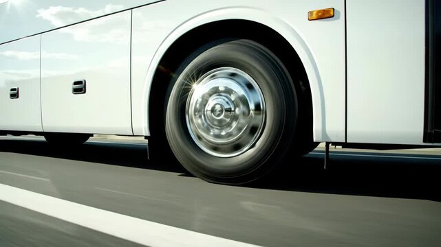 Close-up of a white bus wheel rolling on the asphalt road surface.