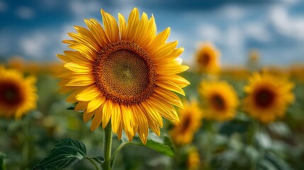 Obraz premium Vibrant yellow sunflower head centered with intricate seed patterns is set against a blurred background of a blue cloudy sky and sunny field.
