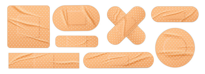 Realistic wrinkled medical plaster, first aid creased bandage, adhesive band, medicine patch. 3D band-aid for wound and injury. Accident care first aid kit. Vector isolated set