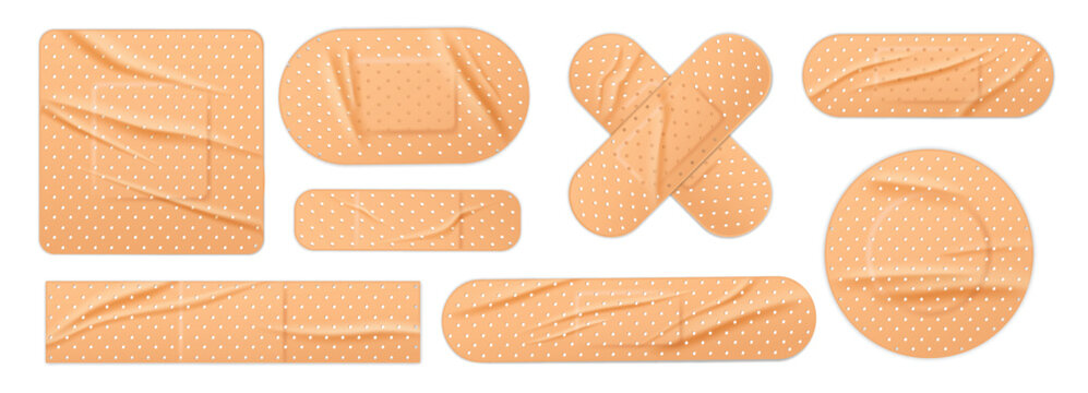 Realistic wrinkled medical plaster, first aid creased bandage, adhesive band, medicine patch. 3D band-aid for wound and injury. Accident care first aid kit. Vector isolated set