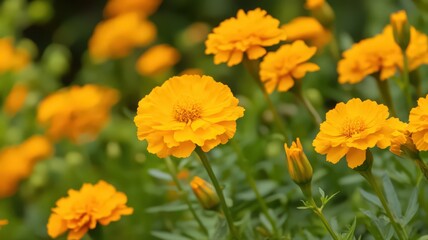 Fototapeta premium Vibrant Yellow Marigold Flowers Blooming in Lush Garden Bed Under Natural Sunlight