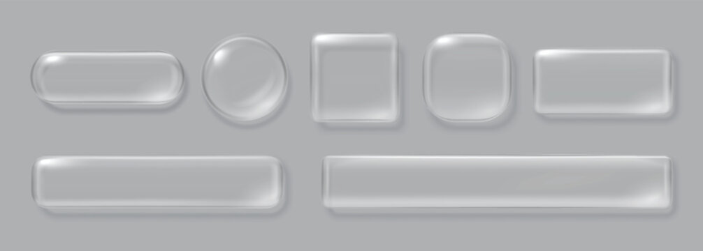 Liquid glass 3d buttons. Realistic transparent glassmorphism UI panel, glossy neumorphism rounded box. Frosted web interface frame. Shiny crystal clean control, dashboard blank widget vector set