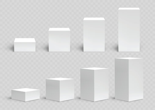 White 3d podium. Realistic product platform, blank pedestal. Exhibition stage, cube display in perspective. Showcase in empty studio room. Presentation stand, cosmetic box packaging. Vector set