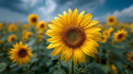 Obraz premium Vibrant yellow sunflower head centered with intricate seed patterns is set against a blurred background of a blue cloudy sky and sunny field.