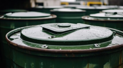 Close-up view of a large, sealed, green industrial barrel, part of rows of containers for liquid storage lined up outdoors, showing surface details.