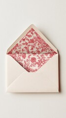 A simple, elegant, and minimalistic illustration of an envelope with delicate wildflower patterns drawn in red ink on the interior side