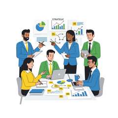 Diverse business team collaborating on strategy with charts and graphs in meeting room