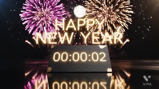 Dynamic New Year's Eve Countdown Timer Ending with Happy New Year Greeting Text and Spectacular Fireworks Display
