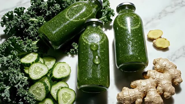 Three Glass Bottles Filled With Vibrant Green Cold Pressed Juice Surrounded By Fresh Kale Slices Of Cucumber And Ginger Root On A Marble Surface With Natural Lighting