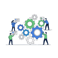 Teamwork and collaboration: people working together with gears, business process, strategy