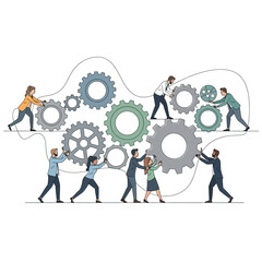 Teamwork and Collaboration: People working together turning gears for success