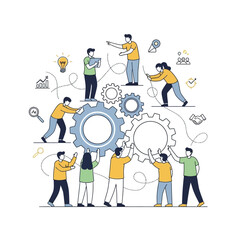 Teamwork and Collaboration: People working together with gears and business icons