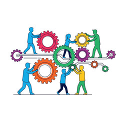 Teamwork and Collaboration: People working together to connect gears for progress