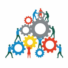 Teamwork and Collaboration: People working together with gears, business concept