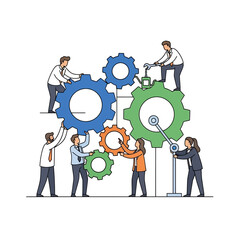 Teamwork assembling gears, business collaboration and problem solving concept