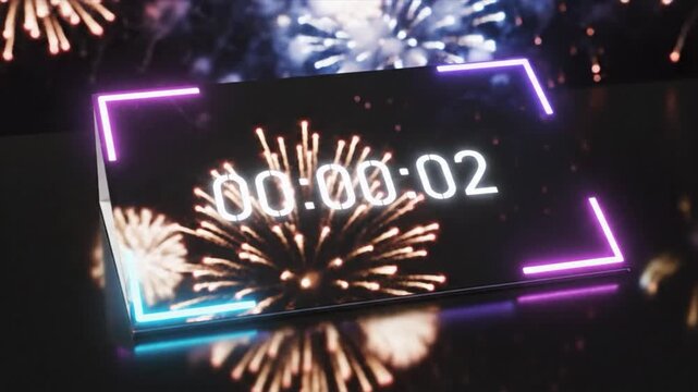 Digital Countdown Clock Ticking Down to Zero with Exploding Neon Fireworks Display