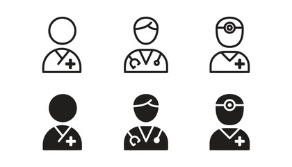 Collection of medical icons representing doctors, IV drips, and pills, presented in outline and solid styles