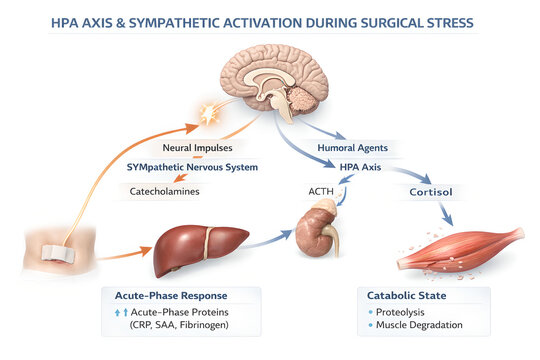 Photorealistic 3D medical infographic: Catabolism Consequences of Surgical Stress: clean diagram showing an injury/surgical site sending afferent sensory signals to hypothalamus&ndash;pituitary brain region