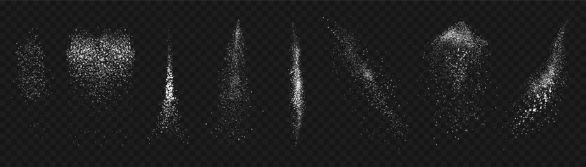 Sugar and salt powder. White flour or snow scattered texture, falling grains. Sea salt flying crystals, cooking seasoning. Chalk dust, detergent scattering. Vector 3D realistic isolated set © Frogella.stock